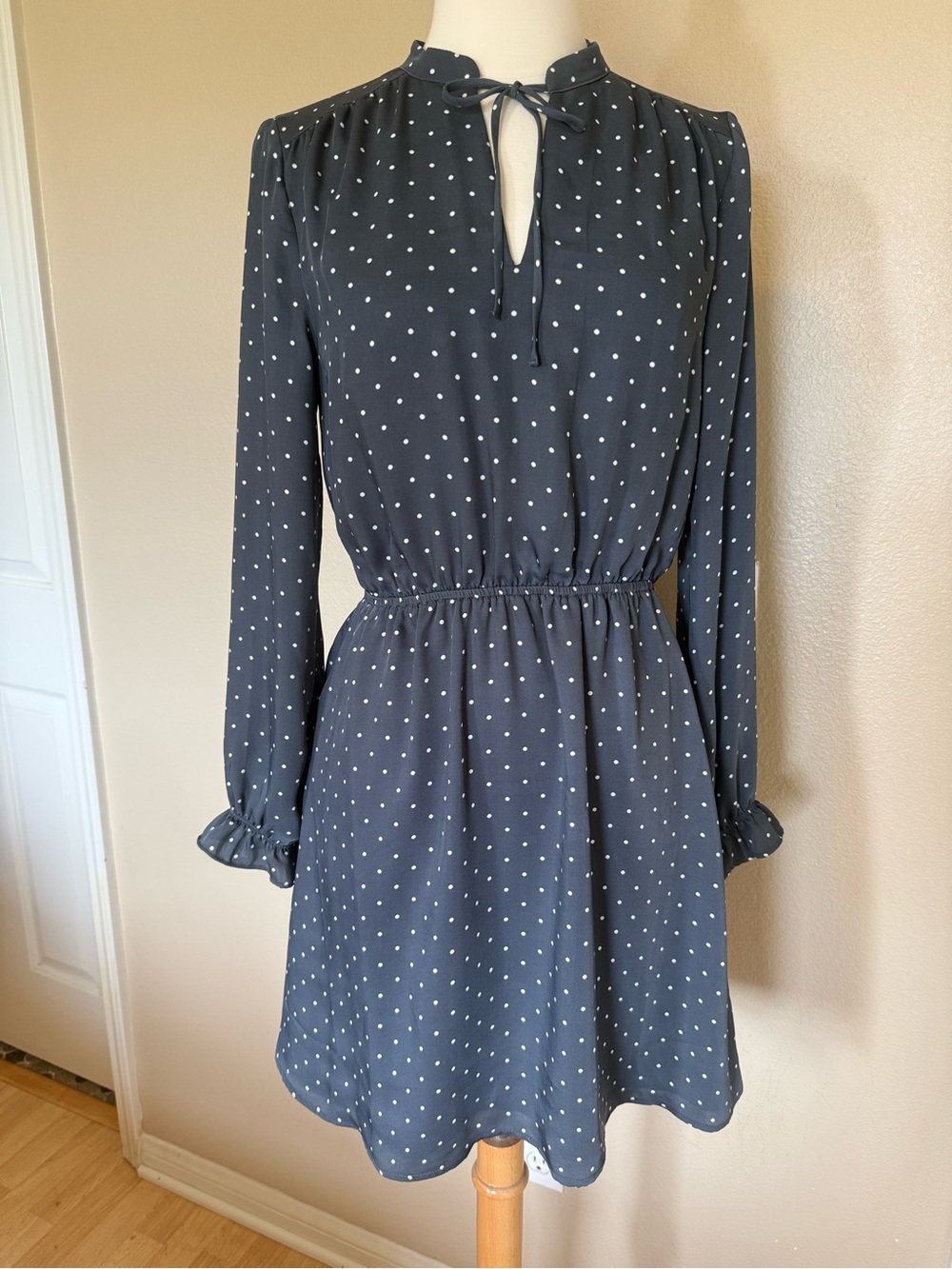 H&M Navy Polka Dot Tie-Neck Mini Dress